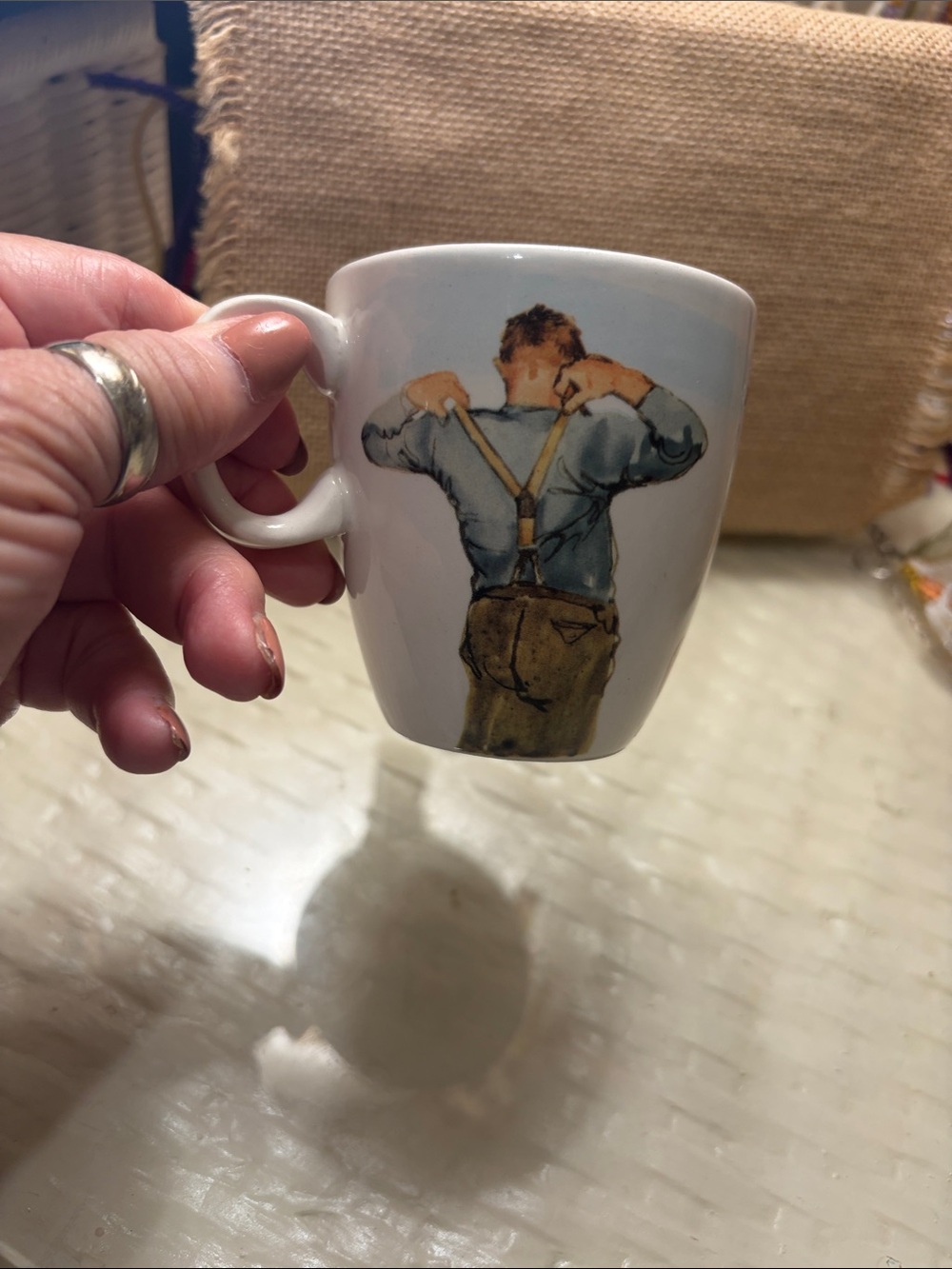 White Ceramic Mug with Illustrated Man Artwork Dutch farmer chickens farm